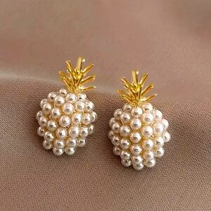 NEW Gold 14k Plated Pineapple Pearl Stud Earrings